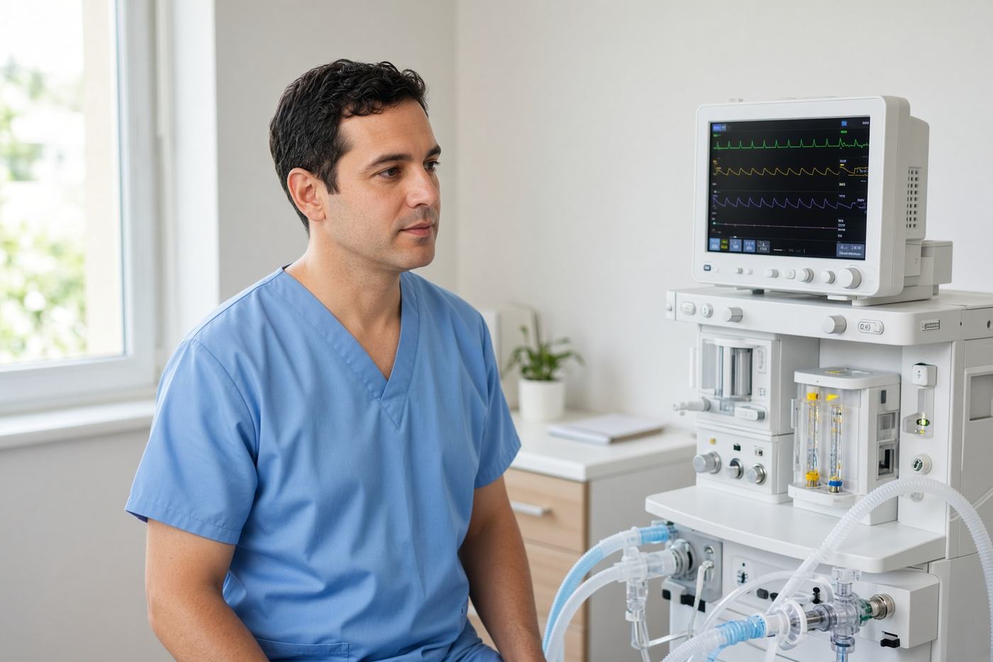 An anesthesia provider in light blue scrubs checking a monitor beside an anesthesia workstation.