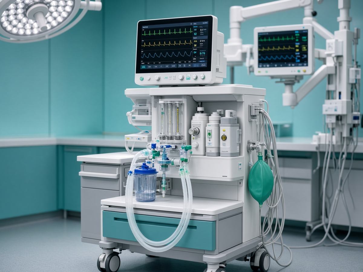 An anesthesia workstation with monitors in a teal-toned procedure room.