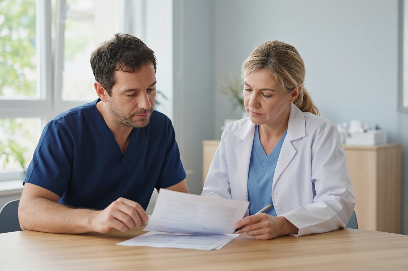 Two clinicians review paperwork together at a table in a bright clinical office.