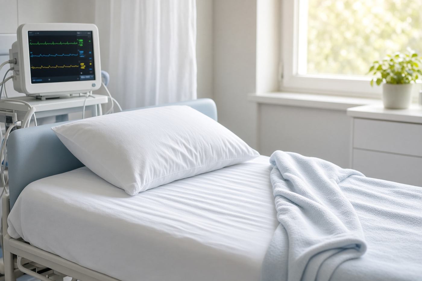 A calm recovery bed with white linens, a folded blanket, and a monitor beside a sunlit window.